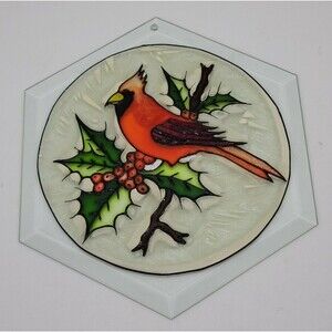 Vtg Cardinal Bird Glass Suncatcher Christmas Winter Ice Frosted Ivy Mistletoe